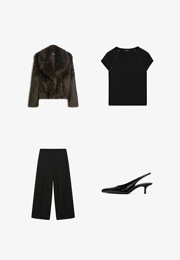 Braune Kunstpelzjacke mit Schalkragen und kurzem Schnitt. Sie hat eine weiche, strukturierte Oberfläche und ist vollständig gefüttert.; Schwarzes Kurzarmoberteil mit rundem Halsausschnitt und kontrastierendem weißen Nähten an den Schultern und Seiten. Weicher, glatter Stoff.; Schwarze, weit geschnittene Hosen aus weichem Stoff, mit hohem Bund und Falten, die eine glatte Textur und keine sichtbaren Verzierungen aufweisen.; Schwarzer Slingback-Schuh mit spitzem Zehenbereich, glänzender Lederoberfläche und dünnem, niedrigem Absatz. Verfügt über einen Ausschnitt an der Seite für Atmungsaktivität.