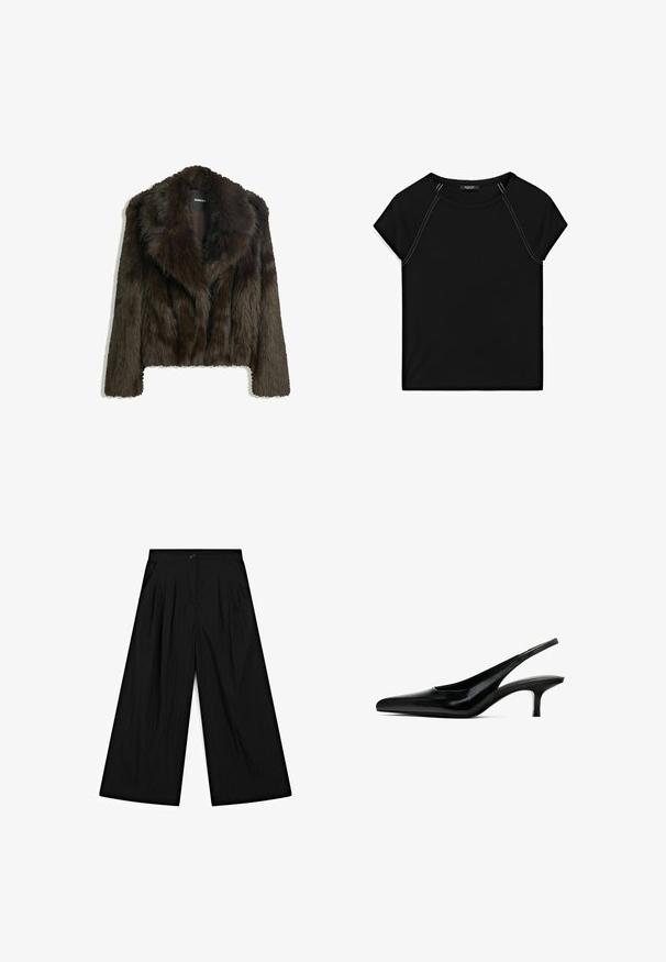 Braune Kunstpelzjacke mit Schalkragen und kurzem Schnitt. Sie hat eine weiche, strukturierte Oberfläche und ist vollständig gefüttert.; Schwarzes Kurzarmoberteil mit rundem Halsausschnitt und kontrastierendem weißen Nähten an den Schultern und Seiten. Weicher, glatter Stoff.; Massimo Dutti FLOWING PALAZZO WITH DARTS - Stoffhose - black; Schwarzer Slingback-Schuh mit spitzem Zehenbereich, glänzender Lederoberfläche und dünnem, niedrigem Absatz. Verfügt über einen Ausschnitt an der Seite für Atmungsaktivität.