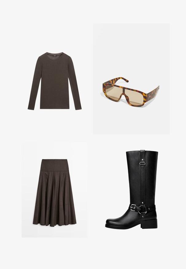 Brun fuskpälsjacka med sjalkrage och kort design. Har en mjuk, texturerad yta och är helt fodrad.; Långärmad skjorta i mörkbrun bomull med rund halsringning och en enkel, slät textur. Inga tryck eller utsmyckningar finns.; Brun utsvängd kjol i mjukt tyg. Har en åtsittande midja, plisserad design och en slät, flödande textur. Sjölinjen når mitt på vaden.; Höga svarta låtsasläderstövlar med rund tå, accentdetalj i form av spänne och en kraftig klack. Slät textur och vertikal söm på skaftet.; Sunglasses med en kraftig, sköldpaddsmönstrad båge i bruna och orange nyanser, med stora, brunfärgade linser och en elegant design.