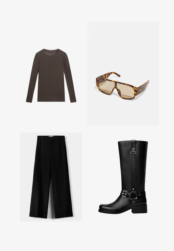 Hnědá umělá kožešinová bunda s šálovým límcem a zkráceným střihem. Má jemný, texturovaný povrch a je plně podšita.; Dlouhý rukáv košile v tmavě hnědé bavlně s kulatým výstřihem a jednoduchou, hladkou texturou. Žádné grafiky ani ozdoby nejsou přítomny.; Černé široké kalhoty z lehkého materiálu s předním zapínáním na knoflík a hladkým předním dílem, s pečlivě přišitými lemy.; Vysoké černé boty z umělé kůže s kulatou špičkou, detailem s přezkou na pásku a širokým podpatkem. Hladký povrch a vertikální šev na holeně.; Sluneční brýle s robustním rámem v želvovinovém vzoru v odstínech hnědé a oranžové, s velkými hnědě zabarvenými čočkami a elegantním designem.