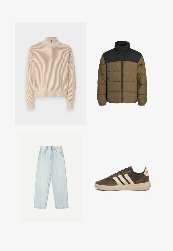 Puffer jacket with a high neck, green-brown body, black upper section, front zip closure, and quilted texture.; Beige ribbed sweater with a high neck and a short zippered front. Features long sleeves and a relaxed fit. Textured knit pattern throughout.; Light blue denim jeans with a relaxed fit, straight leg design, five-pocket styling, and subtle fading on the fabric.; Brown suede sneaker with three white stripes, rounded toe, thick rubber sole, and minimal branding on the heel.