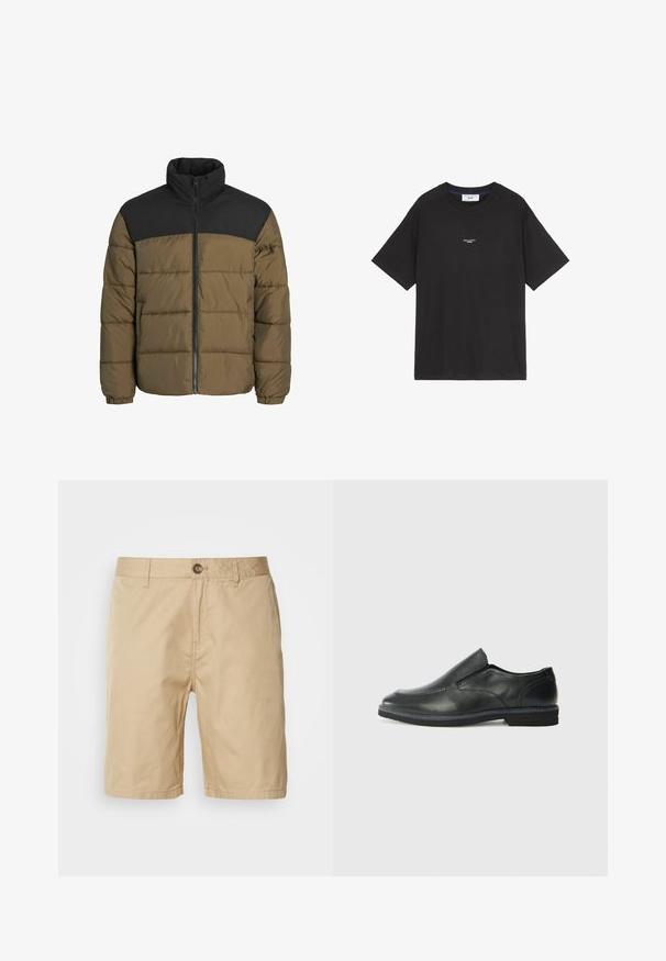 Daunenjacke mit hohem Kragen, grün-braunem Körper, schwarzem oberen Bereich, durchgehendem Reißverschluss und gestepptem Muster.; Schwarzes Baumwoll-T-Shirt mit Rundhalsausschnitt und kurzen Ärmeln. Verfügt über ein kleines weißes Logo-Detail auf der Vorderseite. Einfaches Design, lockere Passform.; Scotch & Soda STUART - Shorts - seastone; Schwarze Leder-Slipper mit glattem Obermaterial, gesteppten Akzenten, runder Zehenpartie und niedrigem Gummiabsatz. Die Sohle hat ein minimales Profil.