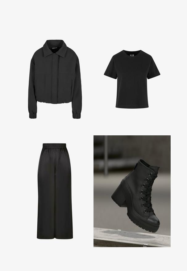 Giacca nera corta realizzata in un tessuto morbido, con colletto a punta, maniche lunghe con polsini elasticizzati e dettagli delle cuciture sul pannello frontale.; T-shirt in cotone nero con maniche corte, scollo rotondo e vestibilità comoda. Texture liscia e senza motivi o decorazioni visibili.; Pantaloni neri a gamba larga realizzati in un tessuto liscio e lucido, con una vita elastica e senza tasche visibili o dettagli in metallo.; Stivali platform neri alla caviglia con finitura in pelle testurizzata, lacci frontali e tacco spesso. Presentano una suola in gomma con motivi di battistrada distintivi.