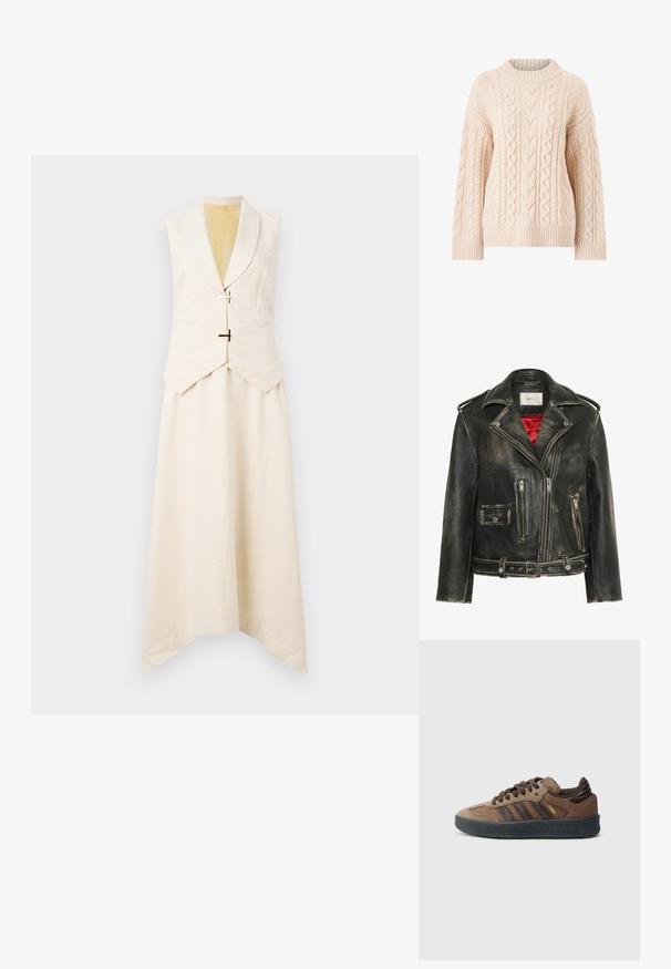 Černá opotřebovaná kožená motorkářská bunda se stříbrnými prvky, vybavená několika zipovými kapsami, páskem v pase a červenou saténovou podšívkou.; Pletený svetr v světlé béžové barvě s texturovaným kabelovým vzorem, žebrovaným výstřihem, manžetami a spodním lemem. Má volný střih a dlouhé rukávy.; Stine Goya MATTE SHEER TAILORED HANDKERCHIEF DRESS - Denní šaty - ivory/cornsilk; Krémový rolák s dlouhým rukávem vyrobený z měkké látky, s přiléhavým límcem a jednoduchým designem, dlouhými rukávy a rovnými lemy.; Hnědý semišový teniska s tmavě hnědými akcenty, třemi černými pruhy, strukturovanou gumovou podrážkou, zaoblenou špičkou a polstrovaným límcem.