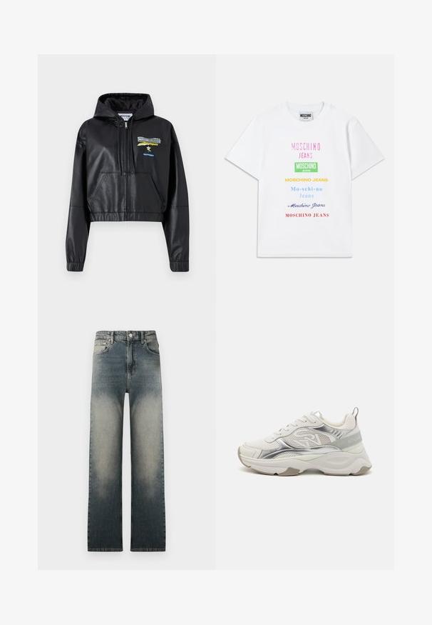 Melnā īsā ādas jaka ar kapuci, rāvējslēdzēja aizdari, priekšējiem kabatām un izšuvumiem dzeltenā un zilā krāsā. Gluda tekstūra.; Balts kokvilnas T-krekls ar vairākiem tekstu logotipiem rozā, zaļā, dzeltenā, zilā un sarkanā krāsā, kas sakārtoti vertikāli uz priekšpuses.; Augsta vidukļa taisna griezuma džinsi ar izbalējušu gaišu un tumšu denimu un klasisko piecu kabatu dizainu.; Baltās sporta kedas ar spīdīgiem sudraba akcentiem, sietiņa paneļiem un biezu zoli. Uz sāniem ir logotips un teksturēta papēža cilpa.