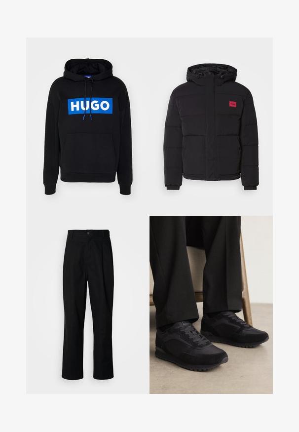 Giacca a vento nera imbottita con cappuccio, caratterizzata da una toppa con logo rosso, motivo trapuntato, tasche frontali e polsini elasticizzati per calore e comfort.; Felpa nera con cappuccio con un logo rettangolare blu con "HUGO" in testo bianco, lacci regolabili e tasca frontale. Tessuto morbido, vestibilità comoda.; Pantaloni neri a gamba dritta con vita con bottoni, passanti per cintura e piega frontale, esposti su uno sfondo bianco semplice.; Sneakers neri caratterizzati da un mix di suede testurizzato e mesh liscia, con una silhouette bassa e una resistente suola in gomma.
