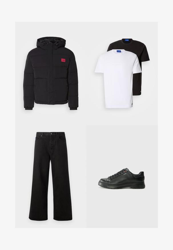Casaco puffer preto com capuz, apresentando um emblema vermelho, padrão acolchoado, bolsos frontais e punhos elásticos para aquecer e proporcionar conforto.; Duas t-shirts empilhadas: uma branca e uma preta. Mangas curtas, decotes redondos, tecido de algodão. Apresenta um pequeno logotipo azul no decote.; Calças de ganga largas pretas com fecho de botão, cinco bolsos e costura em contraste. A parte da frente apresenta uma etiqueta da marca na cintura.; Sapatilha preta em couro com parte superior texturizada, colarinho acolchoado e detalhe do logótipo vermelho. Apresenta uma sola de borracha espessa com padrão de pisada distinto.