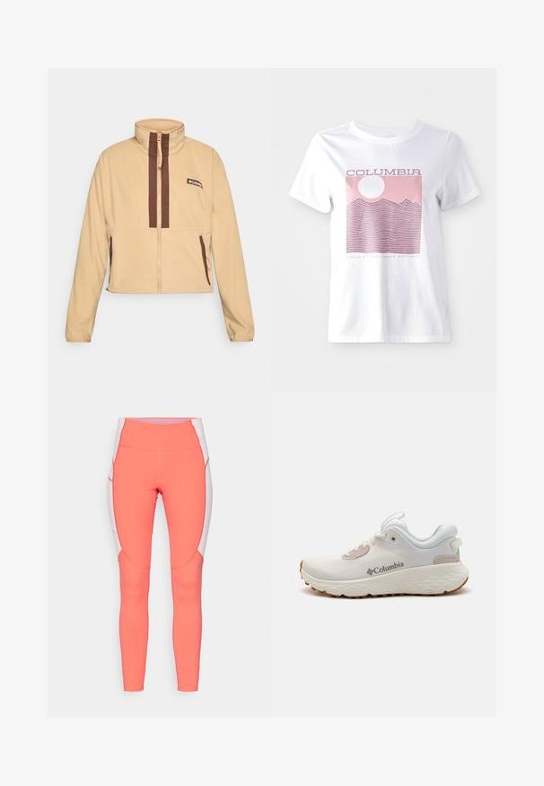 Giacca in pile beige con colletto alto, caratterizzata da strisce verticali marroni e chiusura con zip, accentuata da tasche laterali e una toppa con logo.; T-shirt bianco in cotone con grafica di una montagna rosa, un sole e il testo "COLUMBIA" e "ALWAYS OUTSIDE | PACIFIC NORTHWEST."; Leggings atletici color corallo con vita alta, caratterizzati da pannelli laterali bianchi e cuciture curve. Texture liscia con dettagli di cucitura a contrasto.; Scarpa atletica leggera Columbia in rete bianca con suola grigia testurizzata e trazione in gomma. Presenta un colletto imbottito e un design con lacci.