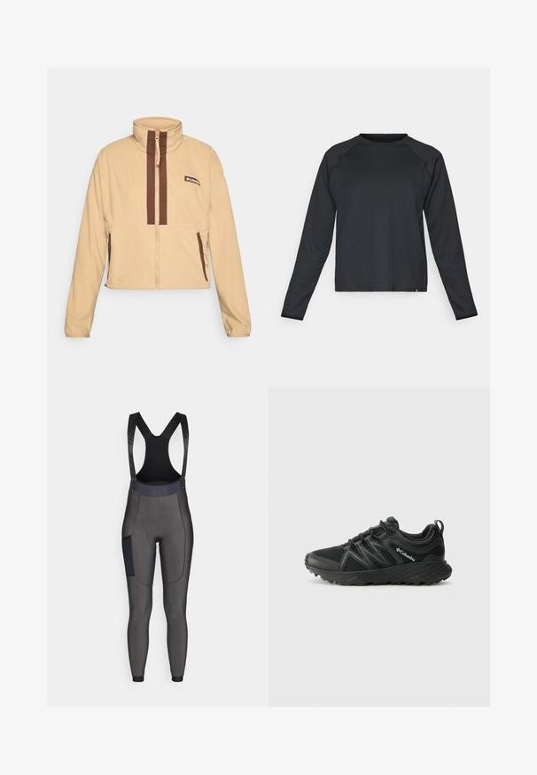 Beige fleecejakke med høy krage, med brune vertikale striper og glidelås, aksentuert med sidelommer og en logopatch.; Svart langermet skjorte med teksturert, ribbet stoff. Har en rund hals og avrundet kant, ideell for treningsklær.; Bib-stil sykkelbukser i mørkegrått. Laget av elastisk materiale, med polstret sete, nettingstropper og en sidelomme. Glatt tekstur.; Columbia PEAKFREAK - Fjellsko - black