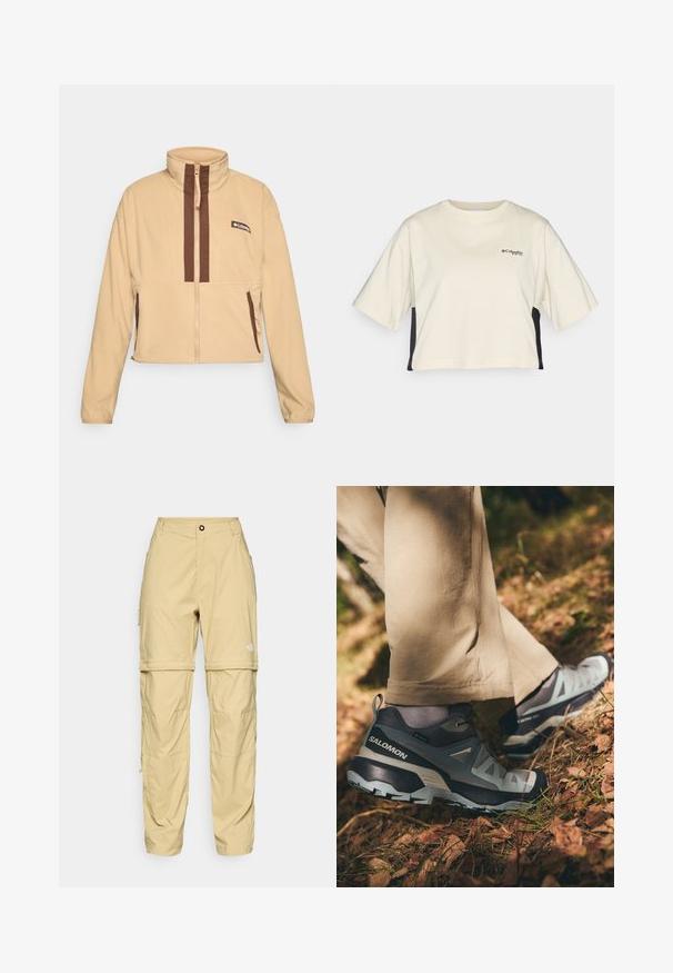 Beige fleecová bunda s vysokým límcem, se světle hnědými vertikálními pruhy a zipem, opatřená bočními kapsami a logem.; Krémové zkrácené tričko s kulatým výstřihem, krátkými rukávy a černými bočními panely; má malé černé logo na hrudi.; Beige cargo kalhoty vyrobené z lehkého materiálu, s bočními zipy, zapínáním na knoflík a logem na pravém stehně.; Salomon X ULTRA 360 GTX - Trekingové boty - sharkskin/trooper/arona