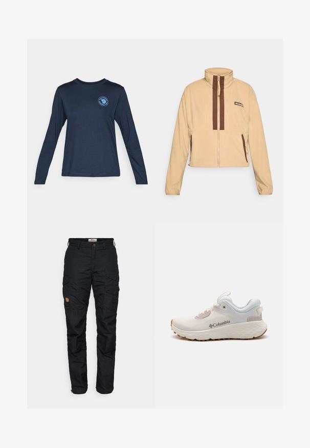 Bež flis jakna s visokim ovratnikom, s smešastim vertikalnim prugama i zatvaranjem na zip, naglašena bočnim džepovima i logom.; Dugih rukava tamnoplava majica od mekanog materijala. Ima okrugli izrez i plavi okrugli logo na lijevom dijelu prsnog koša.; Crne cargo hlače s više džepova, kopčanjem na dugme i lagano suženom kroju nogavica. Izrađene su od izdržljivog materijala s teksturiranim finišem.; Lagani atletski cipele Columbia izrađene od bijele mrežaste tkanine s teksturiranom sivom potplatom i gumom za bolje prianjanje. Imaju podstavljeni ovratnik i dizajn s vezicama.