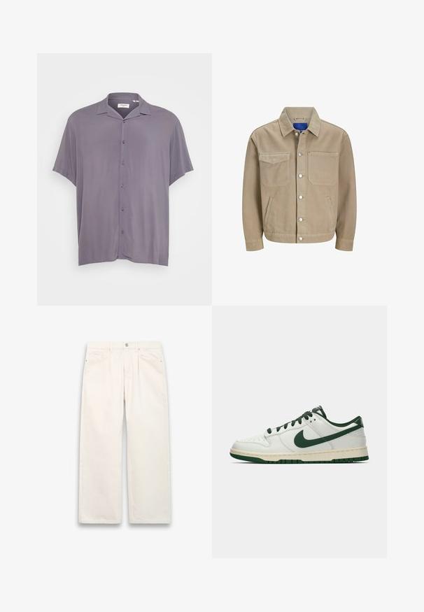 Beige Jeansjacke mit zwei Brusttaschen, Seitentaschen und Druckknöpfen. Verfügt über einen klassischen Kragen und ein blaues Innenfutter.; Kurzärmliges, knöpfbares Hemd aus hellgrauem Stoff. Verfügt über einen klassischen Kragen, eine legere Passform und eine glatte Textur ohne Muster oder Akzente.; Weiße, weit geschnittene Jeans aus Denim mit Knopfverschluss, fünf Taschen und dezenten Steppnähten. Sauberes, minimalistisches Design.; Weiße Low-Top-Sneaker mit dunkelgrüner Nike-Swoosh, Schnürsenkeln und Akzenten an der Sohle, im Profil auf einem schlichten weißen Hintergrund abgebildet.