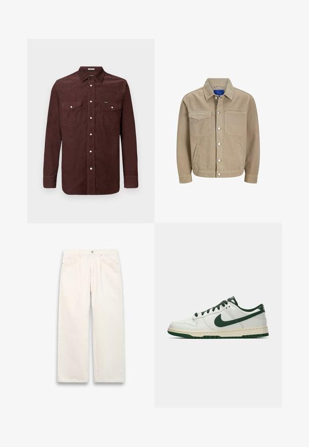 Khaki džínová bunda se dvěma kapsami na prsou, bočními kapsami a patentními knoflíky. Má klasický límec a modrou podšívku.; Hnědá košile z kordu s dlouhým rukávem, se zavíráním na patentky, dvěma náprsními kapsami s klopami a malým logem Wrangler na levé kapse.; Bílé široké džíny vyrobené z denimu, s knoflíkovým zapínáním, pěti kapsami a subtílními stehmi. Čistý, minimalistický design.; Bílé nízké tenisky s tmavě zeleným logem Nike, tkaničkami a akcenty podešve, zobrazené v profilu na čistě bílém pozadí.