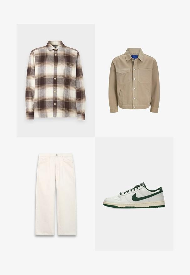 Vaaleanruskea farkkutakki, jossa on kaksi rintataskua, sivutaskut ja nepparikiinnitys. Takissa on klassinen kaulus ja sininen vuori.; Ruskea ja kermanvärinen ruudullinen nappipaita pitkähihaisena, valmistettu pehmeästä kankaasta; siinä on levitetty kaulus ja vaaleat puunapit.; Valkoiset leveälahkeiset farkut, joissa on napin sulkeminen, viisi taskua ja huomaamaton tikkaus. Siisti, minimalistinen muotoilu.; Valkoiset matalat tennarit, joissa tummanvihreä Nike-swoosh, nauhat ja pohjan korostukset, esitettynä profiilista yksinkertaisella valkoisella taustalla.