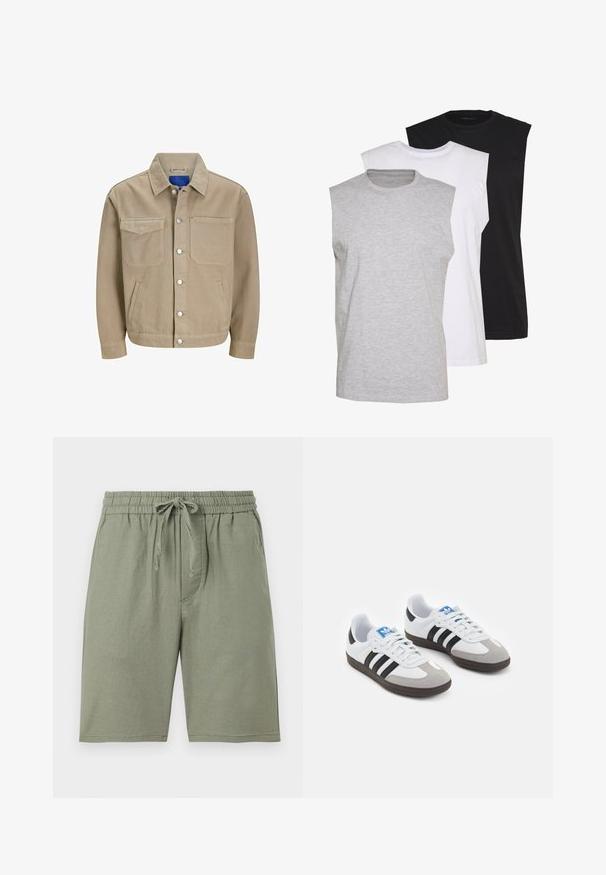 Tumši zilo džinsu jaka ar divām krūšu kabatām, sānu kabatām un spiedpogu aizdari. Iespējojusi klasisko apkakli un zilu iekšējo oderi.; Trīs bezpiedurkņu T-krekli pelēkā, baltā un melnā krāsā. Mīksts kokvilnas materiāls ar apaļu kakla izgriezumu un brīvu piegriezumu. Vienkāršs dizains, bez rakstiem.; Gaiši zaļi kokvilnas šorti ar elastīgu vidukli un regulējamu auklu. Iespējas sānu kabatas un ceļa garuma griezums.; Sporta apavi ar balto ādas virsu, pelēku zamšādas purngalu un trim melnām svītrām. Iezīmē zilu logotipu uz mēles un teksturētu gumijas zoli.