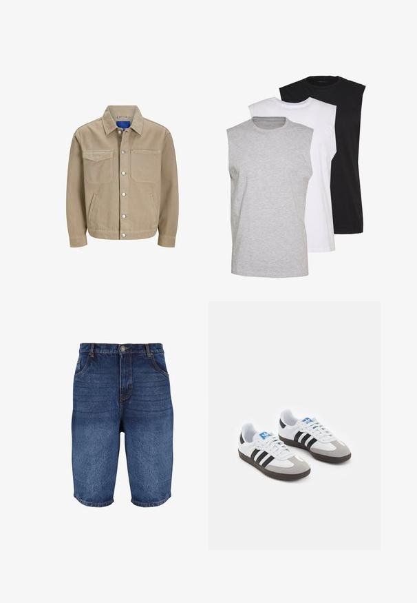 Tan džinsinė striukė su dviem krūtinės kišenėmis, šoninėmis kišenėmis ir snapelių uždarymu. Turi klasikį apykaklę ir mėlyną vidinį pamušalą.; Trys beblauzdžiai marškiniai pilkos, baltos ir juodos spalvų. Minkšta medvilnės medžiaga, apvaliu iškirpimu ir laisvu siluetu. Paprastas dizainas, be raštų.; Tamsiai mėlynos džinsinės šortai su nudilusiomis detalėmis. Yra penkios kišenės, priekinis mygtuko užsegimas ir siuvinėjimas palei siūles.; Sportiniai batai su balta odine viršutine dalimi, pilku zomšiniu priekiu ir trimis juodomis juostelėmis. Ant liežuvio yra mėlynas logotipas, o padas pagamintas iš tekstūruoto gumos.