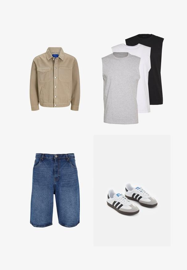 Chaqueta de mezclilla marrón claro con dos bolsillos en el pecho, bolsillos laterales y cierres a presión. Presenta un cuello clásico y un forro interior azul.; Tres camisetas sin mangas en gris, blanco y negro. Material de algodón suave con cuello redondo y corte relajado. Diseño simple, sin patrones.; Pantalones cortos de denim en azul medio, con un diseño clásico, cinco bolsillos y un cierre de cremallera con botón. Textura rugosa y corte recto.; Zapatillas deportivas con parte superior de piel blanca, puntera de ante gris y tres rayas negras. Presentan un logo azul en la lengüeta y una suela de goma texturizada.