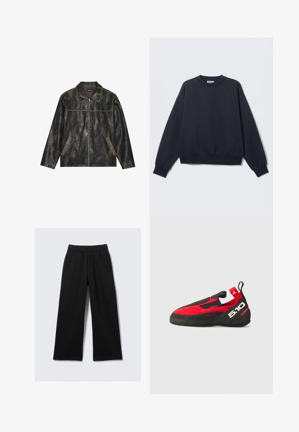 Jaqueta de pele preta e dourada opaca com uma textura suave, colarinho pontiagudo, fecho de zip e dois bolsos laterais inclinados.; Sweatshirt azul-marinho escuro feito de mistura de algodão, com decote redondo, ombros caídos, punhos canelados e bainha elástica. Design minimalista.; Calças pretas de perna larga feitas de tecido macio, com cós elástico e dois bolsos laterais. Textura suave, design neutro sem padrões.; Sapatilha de escalada vermelha e preta com um cabedal em camurça, sola de borracha e uma alça. Apresenta um design de slip-on e uma marca distinta "5.10".