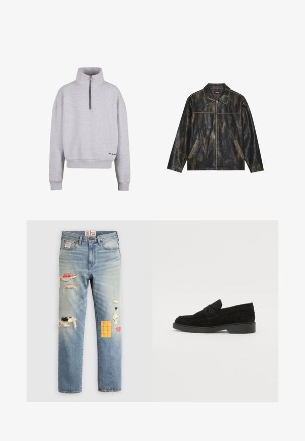 Svart og dempet gull skinnjakke med en glatt tekstur, spiss krage, glidelås lukking og to skrå sidelommer.; Lys grå hettegenser med høy krage, kvart glidelås og ribbestrikkede mansjetter. Har en liten svart brodert detalj nær kanten.; Lys blå denimjeans med en avslappet passform, med slitte lapper i forskjellige farger og mønstre, inkludert oransje og røde accenter.; Sorte semskede loafers med lav hæl, der har en enkel rem henover toppen og teksturerede detaljer langs siderne.
