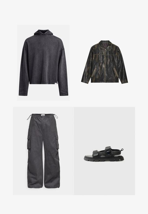 Mustmust ja tuhm kullavärviga nahktagi, millel on sile tekstuur, terav krae, tõmblukuga sulgemine ja kaks nurga all asuvat küljetaskut.; Musta lühike kapuutsiga sviiter, mis on valmistatud pehmest ja tekstureeritud kangast. Omab reguleeritavat kapuutsi, pikkade varrukate ja nähtava õmblusega ääri.; Hallid hallid cargo püksid tekstureeritud kangast, elastse ning köiega vöökoha ja külje taskute detailidega. Lõdva istumisega, laiad sääred.; Mustad sandaalid tekstureeritud kangast pealsega, laiad rihmad, metallist kinnituse aktsendid ja paks kummist tallaga, millel on lõhkumismuster.