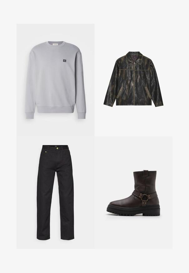 Mustmust ja tuhm kullavärviga nahktagi, millel on sile tekstuur, terav krae, tõmblukuga sulgemine ja kaks nurga all asuvat küljetaskut.; Helehallist puuvillasegust sviitrimantelist. Omab pikki varrukaid, ümmargust kaelust ja väikest logo plaati rinnal. Pehme tekstuur.; Mustad denim püksid sirge lõikega, roheliste aktsentnuppudega ja standardse viie tasku disainiga. Sile tekstuur, klassikaline stiil.; Pruun nahkne pahkluu saabas ruuduvarbaga, lukukinnitusdetailide ja paksu musta tallaga. Omab külgniidi ja tekstureeritud pinda.