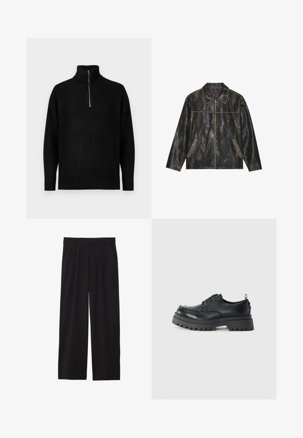 Sort og dæmpet guld læderjakke med en glat tekstur, spids krave, lynlåslukning og to skrå sidelommer.; Sort strikpullover med højt krave, der har en halvlukning med lynlås. Ribbet manchetter og kant, glat tekstur, minimalistisk design.; Sorte brede bukser med en plisseret front, sidelommer og en glat stoftekstur. Designet til en afslappet pasform.; Sort chunky læder snørebåndssko med tykk sål og metaløjer omkring tåområdet, fotograferet mod en ensfarvet lys baggrund.