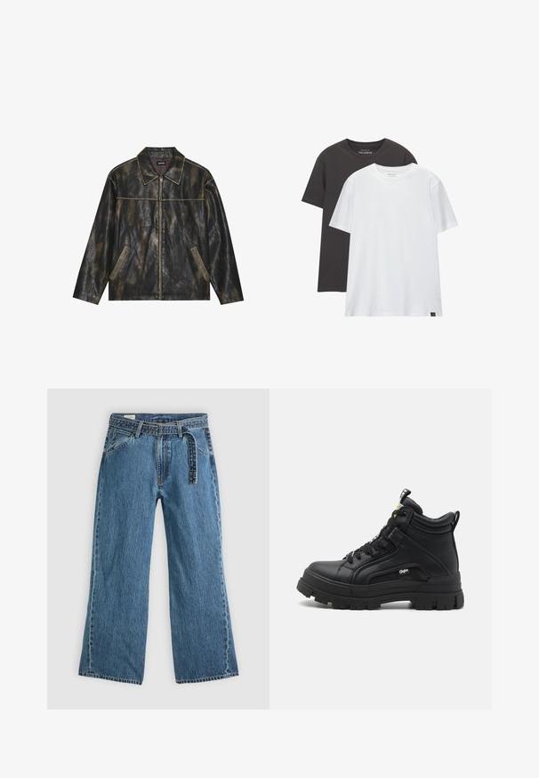 Giacca in pelle nera e oro opaco con una consistenza liscia, colletto a punta, chiusura con zip e due tasche laterali angolate.; Due t-shirt di taglio regolare: una nera e una bianca, realizzate in morbido cotone. Ognuna presenta un collo a girocollo e maniche corte senza motivi.; Jeans in denim blu con gamba larga, cintura attaccata, tasche laterali e cuciture visibili su uno sfondo chiaro e uniforme.; Calzature nere alte in pelle texturizzata, dotate di una robusta suola in gomma, chiusura con lacci nella parte anteriore e un piccolo dettaglio del logo sul lato.
