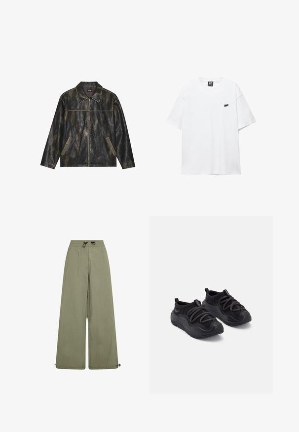 Crna i prigušena zlatna kožna jakna glatke teksture, sa šiljastim ovratnikom, zatvaranjem na rajsferšlus i dva nagibna bočna džepa.; Bijela pamučna majica s kratkim rukavima, okruglim izrezom i malim crnim logom na prsima. Glatka tekstura i ležeran kroj.; Svijetlo maslinasto zelene široke hlače izrađene od mekanog materijala, s elastičnim pojasom i špagom te podesivim vezicama oko gležnja.; Crne sportske cipele s teksturiranim gumenim đonom, podstavljenim gornjim dijelom od tkanine, elastičnim vezicama i praktičnim peticama na peti za jednostavno obuvanje.
