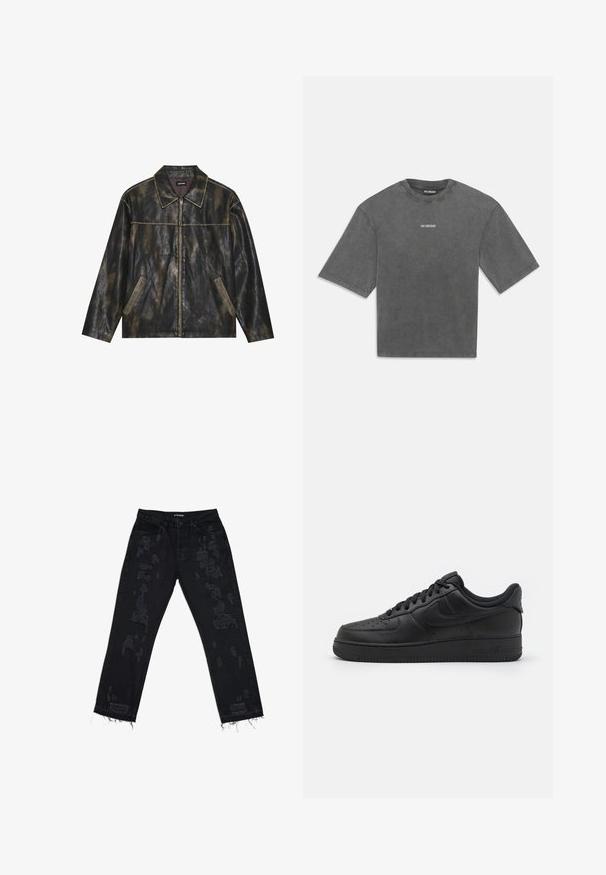 Juodas ir muted auksinis odinis švarkas su lygiu paviršiumi, smailiu apykakle, užtrauktuku ir dviem kampuotais šoninėmis kišenėmis.; Anglies pilkos spalvos per didelis trumpomis rankovėmis marškinėliai su mažu baltu "HAN KJØBENHAVN" logotipu, centruotu krūtinėje.; Juodi džinsai su suplyšusiais pleistrais, laisvas kirpimas, pasiūtas kraštas ir standartinė penkių kišenių struktūra. Medžiaga atrodo tvirta ir tekstūruota.; Nike Sportswear AIR FORCE 1 07 FLYEASE - Sportbačiai - black