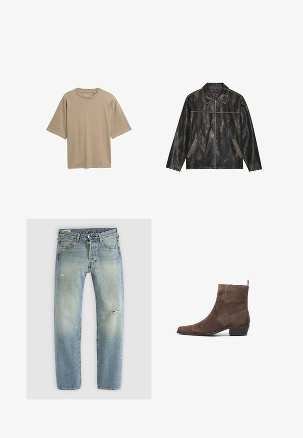 Jachetă din piele neagră și aurie mată, cu o textură netedă, guler ascuțit, închidere cu fermoar și două buzunare laterale înclinate.; Tricou bej cu mânecă scurtă, cu croială lejeră, decolteu rotund și textură netedă. Fără modele vizibile sau detalii metalice.; Jeans din denim de culoare albastru deschis, cu croială dreaptă, cinci buzunare, închidere cu nasture și mici rupturi distorsionate pe coapsa stângă și genunchiul drept.; Botine din suede maro cu vârf ascuțit, toc mic și bloc, și o buclă în spate pentru a fi ușor de purtat. Textură netedă și design simplu.