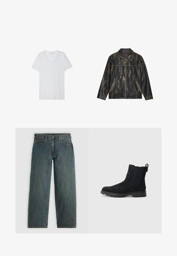 Czarna i przytłumiona złota skórzana kurtka o gładkiej fakturze, z ostrym kołnierzem, zapięciem na zamek i dwiema skośnie umieszczonymi kieszeniami bocznymi.; Biała koszulka z krótkim rękawem o dekolcie w serek, gładka tekstura, lekki materiał i dyskretne logo blisko kołnierza.; Ciemnoniebieskie dżinsy o prostym kroju, z zapięciem na guzik i zamek, przednimi kieszeniami oraz szlufkami na pasek, na jasnoszarym tle.; Czarne zamszowe botki chelsea z teksturowaną cholewką, elastycznymi panelami bocznymi, pętelką oraz solidną gumową podeszwą zapewniającą przyczepność.