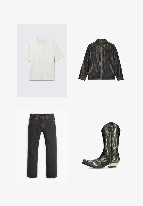 Schwarze und gedämpfte goldene Lederjacke mit glatter Textur, spitzem Kragen, Reißverschluss und zwei schrägen Seitentaschen.; Helles graues T-Shirt mit kurzen Ärmeln aus Jersey-Stoff. Es hat einen Rundhalsausschnitt, eine lockere Passform und eine dezente Textur. Das Etikett trägt die Aufschrift "WEEKDAY".; Schwarze gerade geschnittene Jeans aus Denim mit fünf Taschen, Knopfverschluss und Kupfernieten auf einem weißen Hintergrund flach ausgelegt.; Schwarze Leder-Cowboystiefel mit silbernen Flammenmustern, spitzer Spitze und einem niedrigen silbernen Absatz. Verfügt über Stickdetails und eine Ziehhilfe.