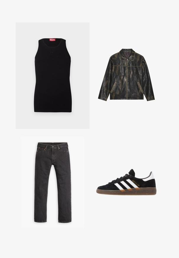 Mustakuloinen ja hillityn kultainen nahkatakki, jossa on sileä pinta, terävä kaulus, vetoketjulla suljettava etuosa ja kaksi viistoa sivutaskua.; Musta Diesel-hihaton paita pyöreällä kaula-aukkolla, pieni sävyton logo rinnassa ja punainen etiketti kauluksessa valkoista taustaa vasten.; Mustat suorat farkut viidellä taskulla, napilla suljettavia ja kupaririveillä, asetettuna tasaisesti valkoista taustaa vasten.; Mustat Adidas-nikeset, joissa on valkoiset raidat, kultaiset "Spezial"-tekstiset, kumipohja ja valkoinen kantapää, esitetty sivuprofiilissa.