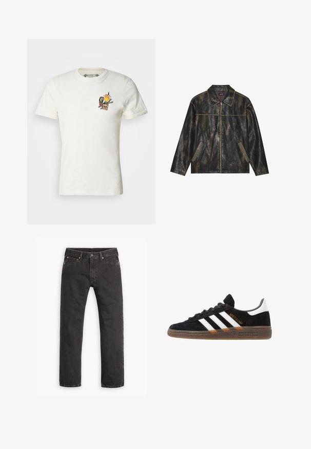 Schwarze und gedämpfte goldene Lederjacke mit glatter Textur, spitzem Kragen, Reißverschluss und zwei schrägen Seitentaschen.; Kurze Ärmel, weißes Baumwoll-T-Shirt mit einem bunten Grafikdesign von einer Flamme, einem Schädel, einem Schraubenschlüssel und einer Rose auf der linken Brustseite.; Schwarze gerade geschnittene Jeans aus Denim mit fünf Taschen, Knopfverschluss und Kupfernieten auf einem weißen Hintergrund flach ausgelegt.; Schwarzer Adidas Sneaker mit weißen Streifen, goldenem "Spezial"-Text, Gummisohle und weißem Fersenbereich, seitliche Ansicht.