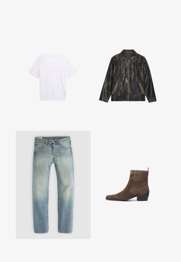 Black and muted gold leather jacket with a smooth texture, pointed collar, zip closure, and two angled side pockets.; White V-neck t-shirt made of lightweight cotton. Short sleeves and a relaxed fit. Smooth texture with no graphic patterns or accents.; Light blue denim jeans with a straight leg, five pockets, button fly, and small distressed tears on left thigh and right knee.; Brown suede ankle boot with a pointed toe, low block heel, and a pull loop at the back for easy wear. Smooth texture and simple design.