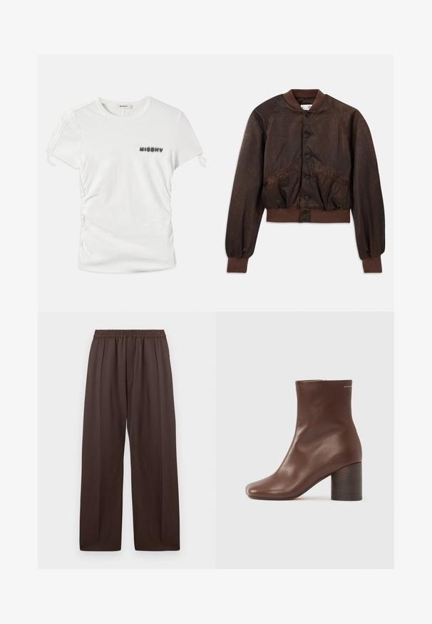 Braune Bomberjacke mit glänzender Textur, Raglanschnitten, elastischen Bündchen und Saum sowie schwarzen Knopfverschlüssen auf der Vorderseite.; Weißes T-Shirt mit kurzen Ärmeln und seitlichem Rüschendetail, mit in verschwommenen schwarzen Buchstaben auf der linken Brust aufgedrucktem "MISBHV".; Braune weit geschnittene Hosen mit elastischem Bund und dezenten vorderen Falten, flach vor einem weißen Hintergrund präsentiert.; Braune Lederstiefeletten mit glatter Textur, quadratischer Spitze und stabilem Holzabsatz, mit einem einfachen Reißverschluss an der Seite.
