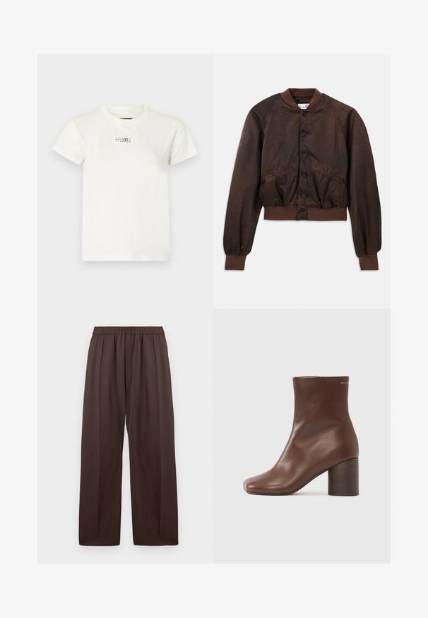 Ruda bombers tipo striukė, turinti blizgų audinį, raglan stilius rankovėms, įglebti kaklai ir apačia, bei juodi mygtukai priekyje.; Balta medvilninė marškinė su trumpomis rankovėmis, apvaliu iškirpimu ir stačiakampiu juodu spaudiniu ant priekinės pusės, kuriame yra skaičių ir simbolių.; Rudos plačios kojinės kelnės su elastiniu juosmeniu ir nežymiais priekiniais raukšlėmis, pateiktos plokščiai prieš baltą foną.; Rudos odinės kulkšnies ilgio batai su lygiu paviršiumi, kvadratine bato nosimi ir tvirtu mediniu kulnu, šone paprastas užtrauktukas.