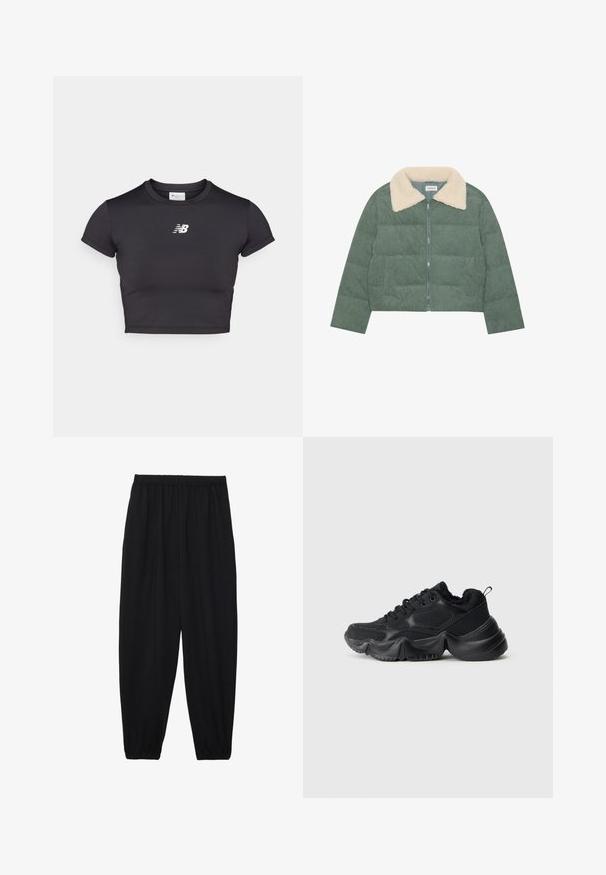 Zielona kurtka puchowa z kordurowej tkaniny, z przednim zamkiem błyskawicznym i kremowym, puszystym kołnierzem, długimi rękawami i krótkim krojem.; Czarna krótkotaliowana koszulka sportowa z krótkimi rękawami, wykonana z elastycznego materiału. Oferuje biały logo z przodu, okrągły dekolt i dopasowany krój.; Czarne, lekkie spodnie z elastycznym pasem i ściągaczami na kostkach. Materiał jest gładki i ma luźny, zwężany krój.; Czarne sneakersy wykonane z mieszanki gładkich i teksturowanych materiałów, z grubymi podeszwami, zaokrąglonym kształtem i dekoracyjnym szwem. Posiadają miękki, puszysty mankiet.