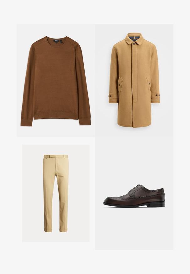 Tan wolmix jas met een kraag, knoopsluiting aan de voorkant, twee zijzakken en verstelbare manchetten. Beschikt over een gestructureerde stof en een minimalistisch ontwerp.; Bruine gebreide trui met een ronde hals, lange raglanmouwen en een textuurpatroon. Heeft ribgebreide boorden en een zoom voor een aansluitende look.; Khaki chinos van soepele katoenstof, met een slank ontwerp, voorplooien en boorden bij de enkel voor een taps toelopende uitstraling.; Bruin leren geklede schoen met brogue-details, vetersluiting, ronde neus en een platte zool. Bevat zowel gladde als textuur oppervlaktes.