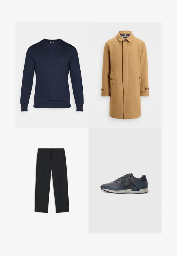 Abrigo de mezcla de lana en color beige con cuello, cierre delantero abotonado, dos bolsillos laterales y puños ajustables. Presenta una textura de tela y un diseño minimalista.; Sudadera azul marino de manga larga y cuello redondo. Presenta un sutil logo "BORG" en el pecho. Tejido suave y texturizado.; Pantalones cargo negros de nylon. Cuentan con una cinturilla elástica con cordón, bolsillos laterales y un diseño frontal plano.; Zapatilla deportiva para hombre en un azul marino oscuro con parte superior de malla y sintético. Cuenta con un diseño de cordones, cuello acolchado y suela de goma con agarre texturizado.