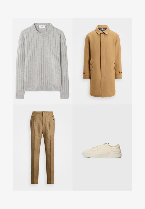 Zgornji del plašča iz mešanice volne v svetlo rjavi barvi, z ovratnikom, gumbnim zapiranjem, dvema stranskima žepoma in nastavljivimi manšeti. Ima teksturirano tkanino in minimalističen dizajn.; Sivi pulover z ribami in okroglim izrezom, narejen iz mehkega materiala, ki ima navpične šive in ribane manšete ter rob.; Rjave karirane hlače z oblikovanim krojem, z nabranim sprednjim delom, dvema stranskima žepoma in gumbom za zapiranje. Gladka tekstura z prilagojenim dizajnom.; Bež usnjeni športni copat s zaobljenim nosom, minimalistična zasnova, subtilne šivane podrobnosti in teksturirana zgornja stran, na svetlem podplatu.