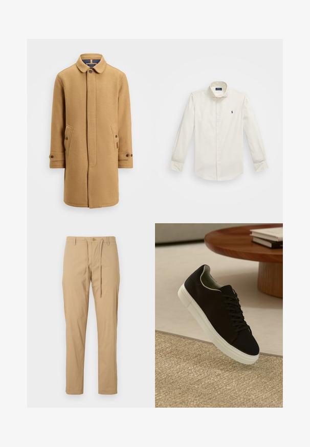 Tan wool blend coat with a collar, buttoned front, two side pockets, and adjustable cuffs. Features textured fabric and minimal design.; White long-sleeve shirt made of cotton, featuring a button-down collar, a single chest pocket, and a small navy logo on the left side.; Light beige cotton trousers with a drawstring waist, tapered fit, standard pockets, and a button closure at the front. Smooth texture.; Black sneaker with white sole floating above beige textured rug near round wooden table with stacked books.