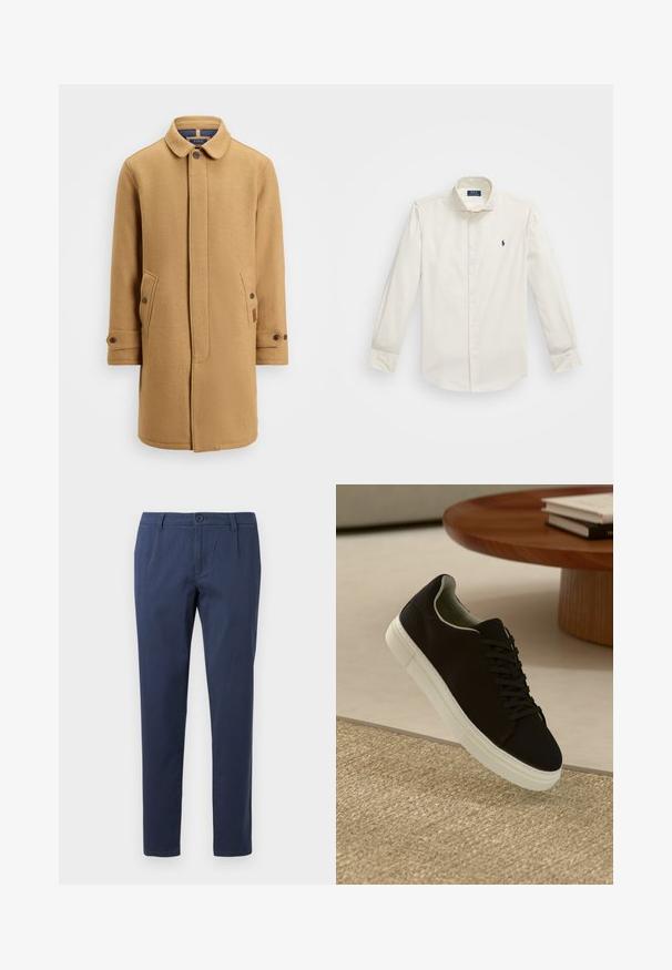 Kübe pruun villasegu mantel krae, nööpidega ees, kahe küljetasku ja reguleeritavate mansettidega. Omab tekstuurset kangast ja minimaalset disaini.; Valge pika varrukaga särk, mis on valmistatud puuvillast, millel on nööbiga kaelus, üks rinna tasku ja väike tumesinine logo vasakul küljel.; Tumed sinised püksid, mis on valmistatud kergest kangast, esiosas nupuga kinnitamine, kahe küljetaskuga ja sirge jalgade kujundusega.; Mustad musta tossuga valge tallaga, mis hõljub beeži tekstuuriga vaiba kohal, ümaral puidust laual, mille peal on kokku virnastatud raamatud.