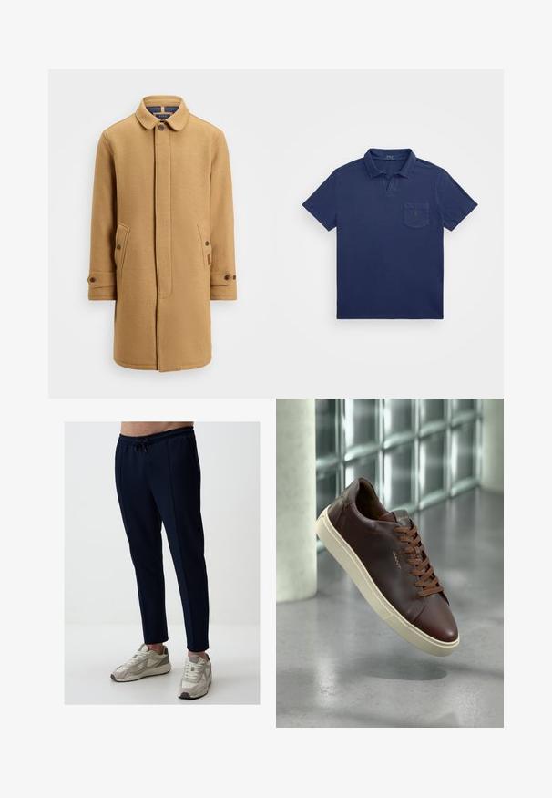 Beige Wollmischungsmantel mit Kragen, durchgehendem Knopfverschluss, zwei seitlichen Taschen und verstellbaren Manschetten. Verfügt über einen strukturierten Stoff und ein minimalistisches Design.; Marineblaue Polo-Shirt mit kurzem Kragen, einer Brusttasche und einem gestickten Logo. Hergestellt aus einem weichen, strukturierten Stoff.; Marineblaue Sporthosen mit einem Kordelzugbund, schmalem Schnitt, Seitentaschen und glatter Textur. Kombiniert mit grau-weißen Turnschuhen.; Braune Leder-Sneaker mit abgerundetem Zeh, braunen Schnürsenkeln und einer beigen Gummisohle. Verfügt über eine minimalistische Markenkennzeichnung an der Seite.