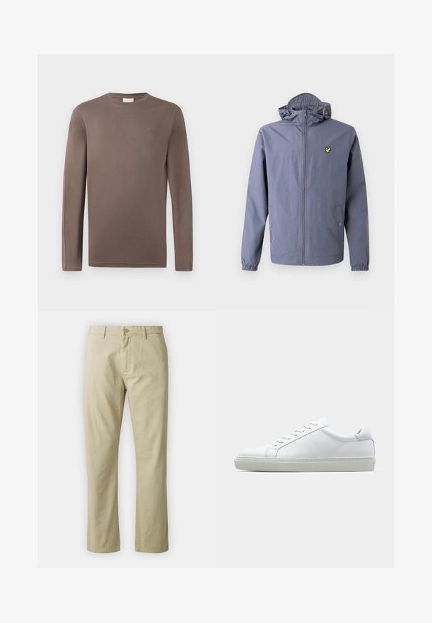 Lahka jakna iz sivega blaga, z zadrgo spredaj, nastavljivo kapuco, elastičnimi manšetami in majhnim rumenim logotipom na prsih.; Dolga majica iz rjavega bombaža z okroglim izrezom; ima majhen logotip na prsih in gladko, lahko teksturo.; Bež bombažne hlače s ravnim krojem, sprednjim gumbom in zankami za pas. Gladka tekstura, brez vidnih vzorcev ali akcentov.; Bela športna obutev z gladkim usnjenim zgornjim delom in nizkim profilom. Ima zaokrožen nos, šest lukenj za vezalke in teksturiran gumijast podplat.