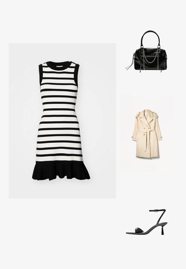 Beige trenchcoat lavet af letvægtsstof; dobbeltbrystet design med store knapper, belagt talje og skulderepauleter.; Stribet kjole i sort og hvid med en tætsiddende design, ærmeløs skæring og en flagrende sort flæsekant; har dekorativt hardware på skuldrene.; Bershka Højhælede sandaletter / Højhælede sandaler - black; Bershka WITH CHAIN - Håndtasker - black