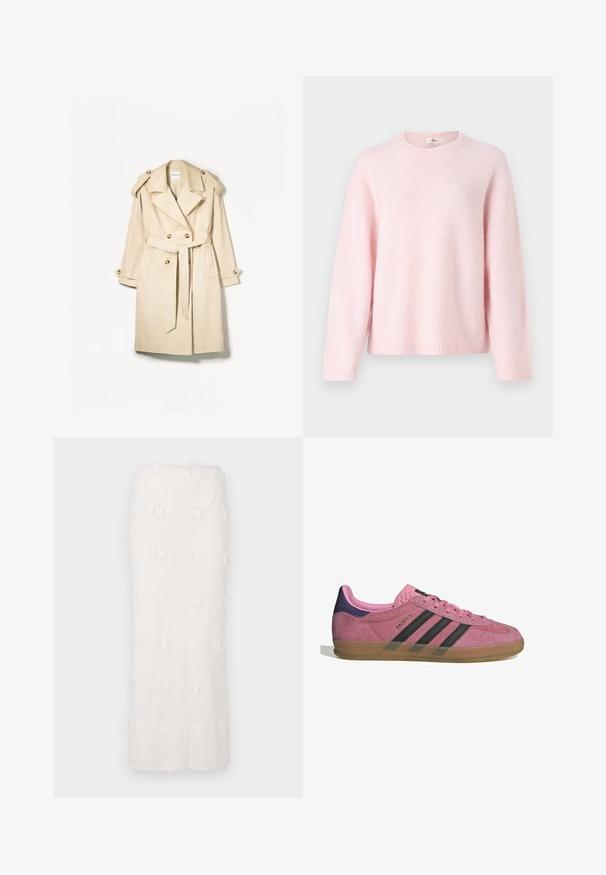 Beżowy płaszcz typu trencz wykonany z lekkiego materiału; podwójnie zapięty fason z dużymi guzikami, talią z paskiem i epoletami na ramionach.; Gina Tricot - Sweter; Biała koszulka z krótkim rękawem, wykonana z bawełny. Posiada okrągły dekolt i luźny krój. Gładka faktura bez widocznych wzorów czy akcentów.; Biała spódnica do kolan wykonana z teksturowanej tkaniny, z wyszywanym wzorem i subtelnym frędzlem. Prosty krój i bezszwowy pas.; Różowe zamszowe sneakersy z czarnymi paskami, gumową podeszwą i teksturowanym fioletowym piętą. Posiadają sznurowany design oraz wytłoczone logo na boku.