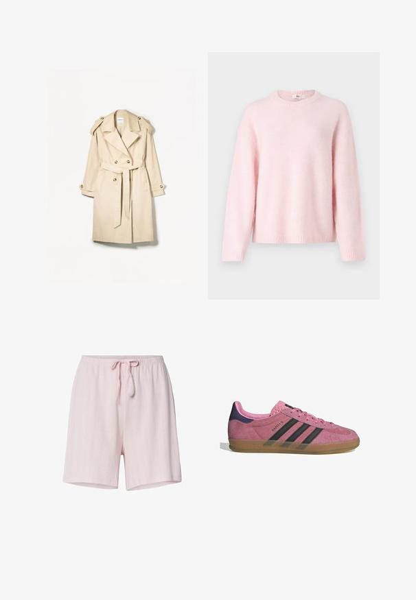 Beige trench coat valmistettu kevyestä kankaasta; kaksirivinen malli, jossa on isot napit, vyötäröhihna ja olkaimen suojukset.; Gina Tricot CREW NECK - Neule - primrose pink; Valkoinen lyhythihainen T-paita, joka on tehty puuvillasta. Siinä on pyöreä kaula-aukko ja rento malli. Silkkinen pinta ilman näkyviä kuvioita tai koristeita.; Vaaleanpunaiset puuvillashortsit, joissa on teksturoitu kuvio, joustava vyötärö ja säädettävä naru. Keskireiden pituus.; Vaaleanpunaiset mokkanahkakengät mustilla raidoilla, kumipohjalla ja teksturoidulla purppurakorkealla. Varustettu nauhakiinnityksellä ja kohokuvioidulla brändäyksellä sivussa.