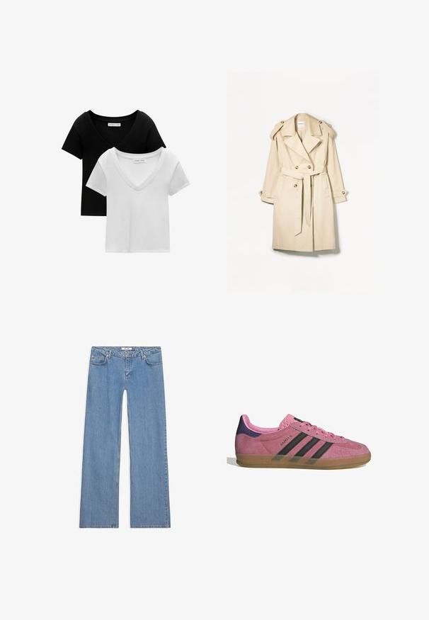 Béžový trenčkot vyrobený z ľahkého materiálu; dvojradový dizajn s veľkými gombíkmi, opasok v páse a ramenné epaulette.; Gina Tricot CREW NECK - Svetrík - primrose pink; Balenie dvoch tričiek s výstrihom do V v čiernej a bielej farbe. Krátke rukávy, vyrobené z mäkkej bavlnenej látky, so šitým ozdobným lemom a voľným strihom.; Svetlomodré riflové nohavice s širokými nohavicami, vyrobené z denimu, s piatimi vreckami, zapínaním na gombík a šitím pozdĺž švov a lemov.; Rúžové semišové tenisky s čiernymi pruhmi, gumovou podrážkou a textúrovaným fialovým podpätkom. Obsahujú šnurovací dizajn a embosované logo na strane.