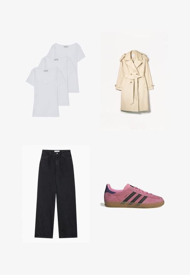 Trench coat beige realizzato in tessuto leggero; design doppiopetto con grandi bottoni, cintura in vita e spalline sulla spalla.; Gina Tricot CREW NECK - Maglione - primrose pink; Tre t-shirt bianche in cotone con maniche corte e scollo a barca, caratterizzate da una texture liscia e un design uniforme.; Jeans in denim neri a vita alta, a gamba larga, con chiusura frontale a bottoni e zip, passanti per la cintura e stile a cinque tasche.; Sneaker in suede rosa con strisce nere, suola in gomma e tallone texturizzato viola. Presenta un design con lacci e un marchio in rilievo sul lato.